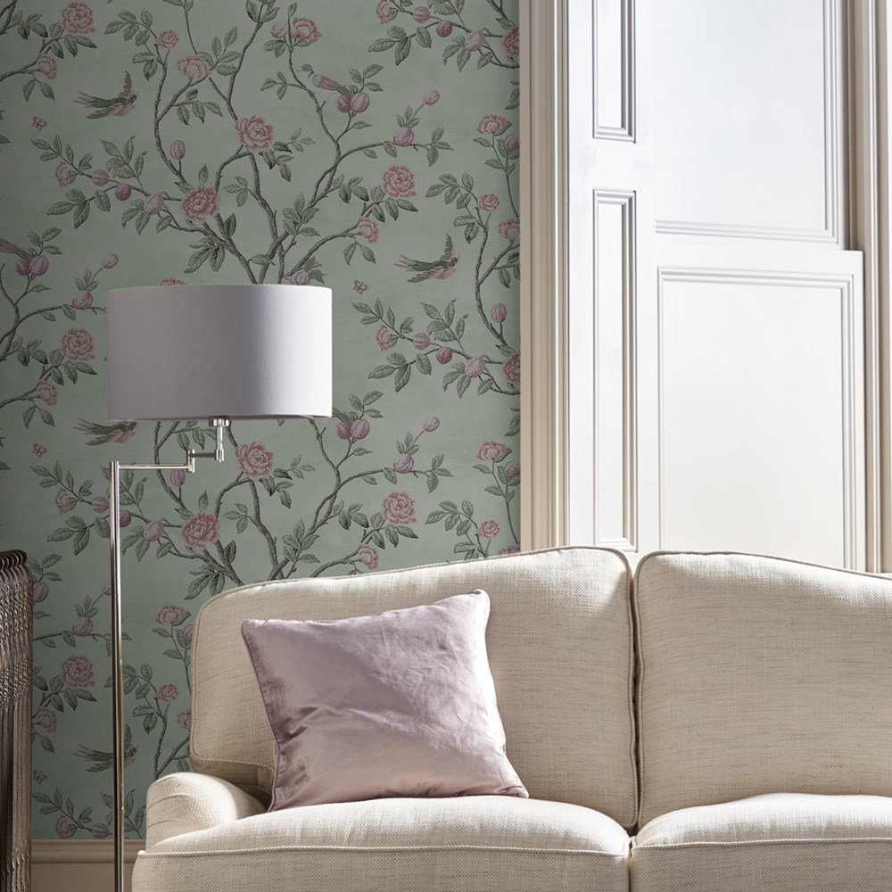 Eglantine Floral Wallpaper 113371 by Laura Ashley in Eau De Nil Green